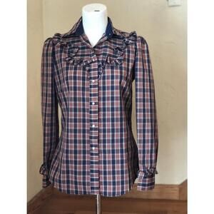 VTG 70’s Womens S Rockmount Ranch Plaid Ruffled Shirt Pearl Snap Prairie USA
